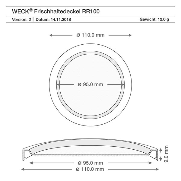 Barattolo a tulipano da 1062 ml con coperchio salvafreschezza WECK RR100 Disegno tecnico del coperchio di chiusura WECK RR100 con dimensioni 110 mm e 95 mm di diametro per vaso Gugelhupf