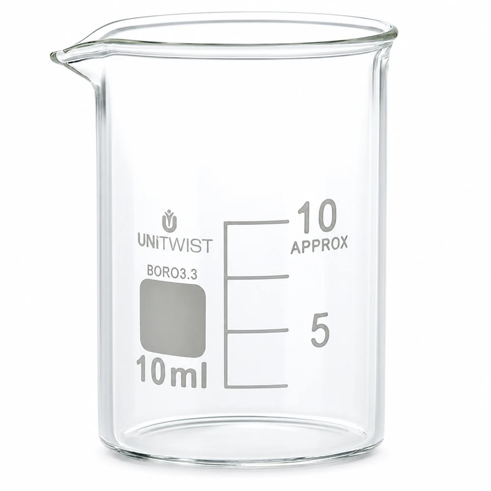 Bicchiere da 10 ml in borosilicato, a basso stampo UNiTWIST Bicchiere da 10 ml a forma bassa in vetro borosilicato 3.3 di UNiTWIST con scala in millilitri