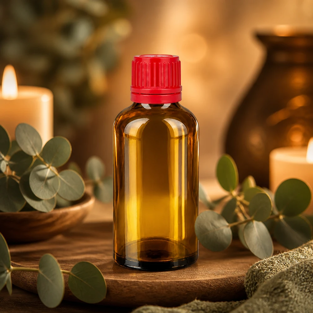Flacone in vetro ambrato di alta qualità da 50 ml con tappo rosso antimanomissione per uso farmaceutico e di laboratorio