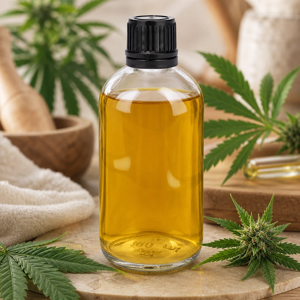 Flacone in vetro trasparente da 100 ml contenente olio di CBD, circondato da foglie e fiori di cannabis