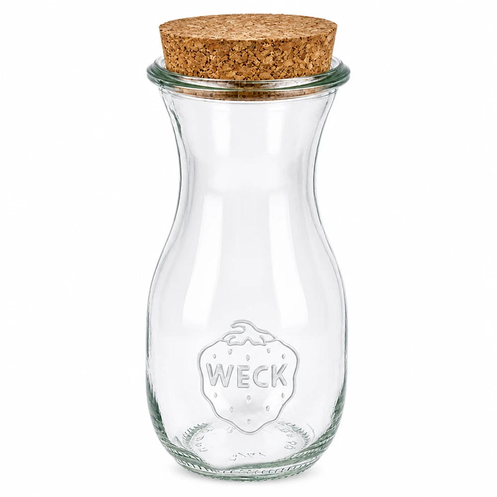 Bottiglia di succo da 290 ml WECK RR60 con tappo in sughero naturale WECK bottiglia per succhi di frutta 290ml RR60 in vetro con chiusura in sughero naturale bottiglia di vetro trasparente vuota per conserve