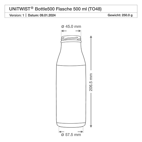 Bottiglia di vetro da 500 ml senza coperchio (TO48) UNiTWIST Disegno tecnico Bottiglia in vetro da 500 ml TO48 UNiTWIST con dimensioni: 205,5 mm di altezza, 57,5 mm di diametro, 250 g di peso.