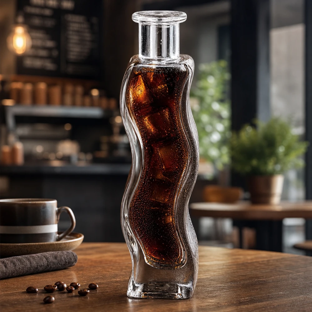 Melissa, bottiglia di vetro da 100 ml riempita con una bevanda a base di cola e cubetti di ghiaccio in un ambiente moderno di un caffè su un tavolo di legno