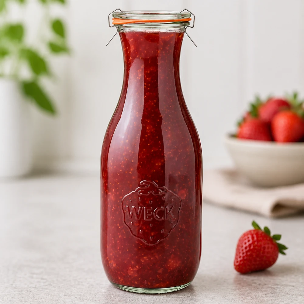 Bottiglia per succhi da 1062 ml, set completo WECK RR60 Bottiglia di succo WECK da 1062 ml RR60 riempita di marmellata di fragole con logo in rilievo e dettaglio del tappo oscillante