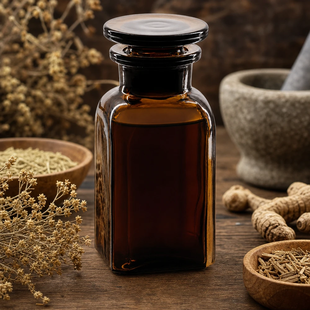 Bottiglia quadrata da 100 ml in vetro ambrato con erbe e mortaio, per la conservazione di prodotti fitoterapici