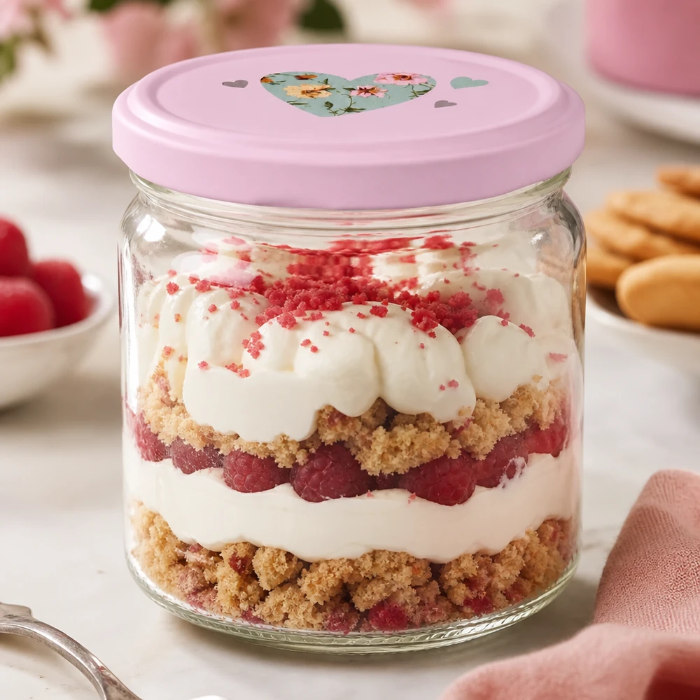 Vaso rotondo da 408 ml + coperchio BasicSeal cuore rosa UNiTWIST Bicchiere rotondo da 408 ml con coperchio a cuore rosa come bicchiere da dessert per dessert a strati serviti con frutti di bosco e panna