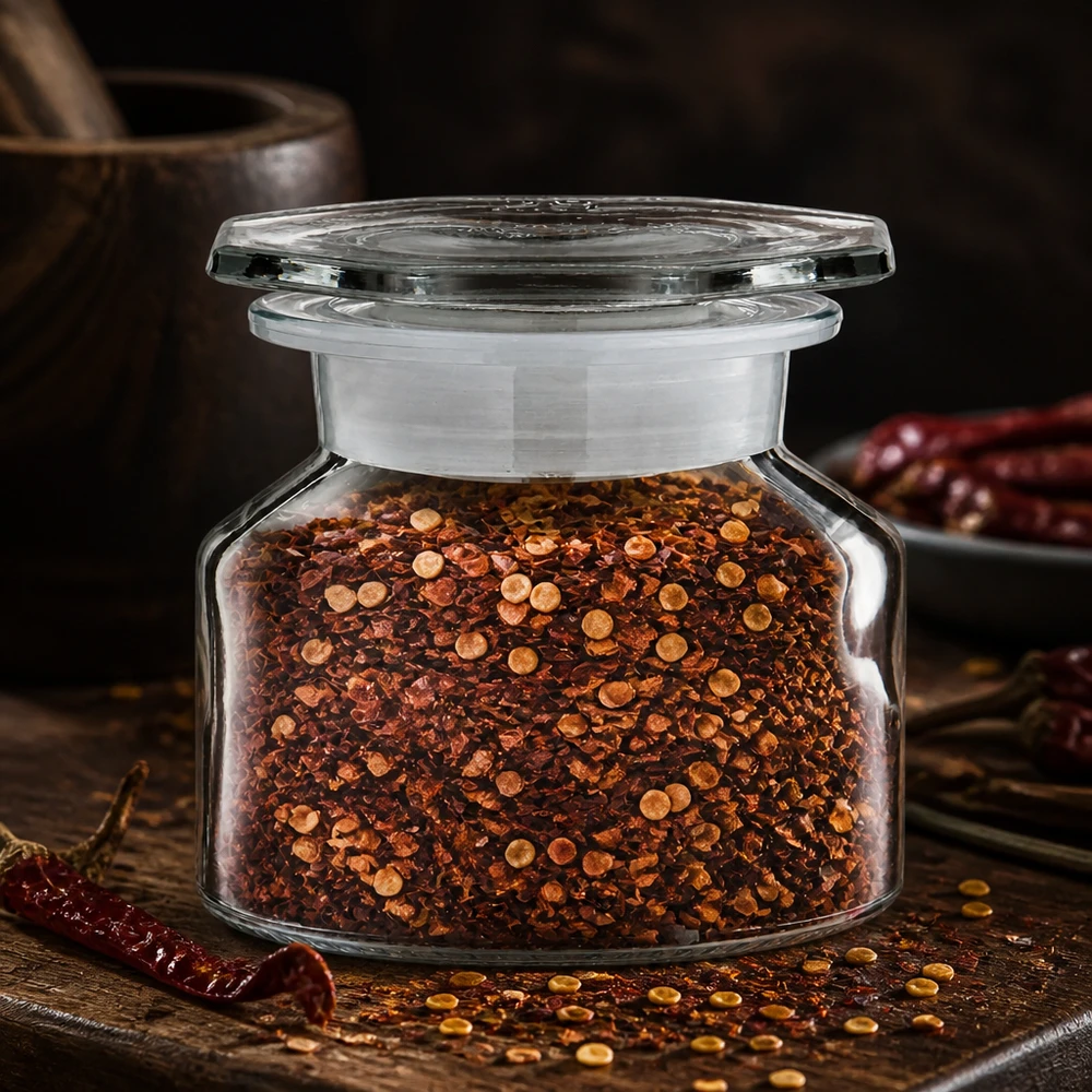 Barattolo compatto a pareti ripide da 50 ml con fiocchi di peperoncino, ideale per conservare le spezie