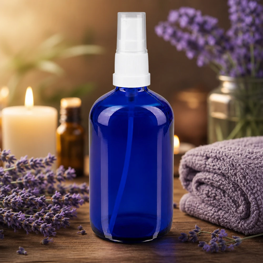 Apothekenflasche blau 100ml Sprayaufsatz weiß Nachfüllbare blaue 100ml STD Sprayflasche aus Apothekerglas für Naturkosmetik und Wellnessprodukte