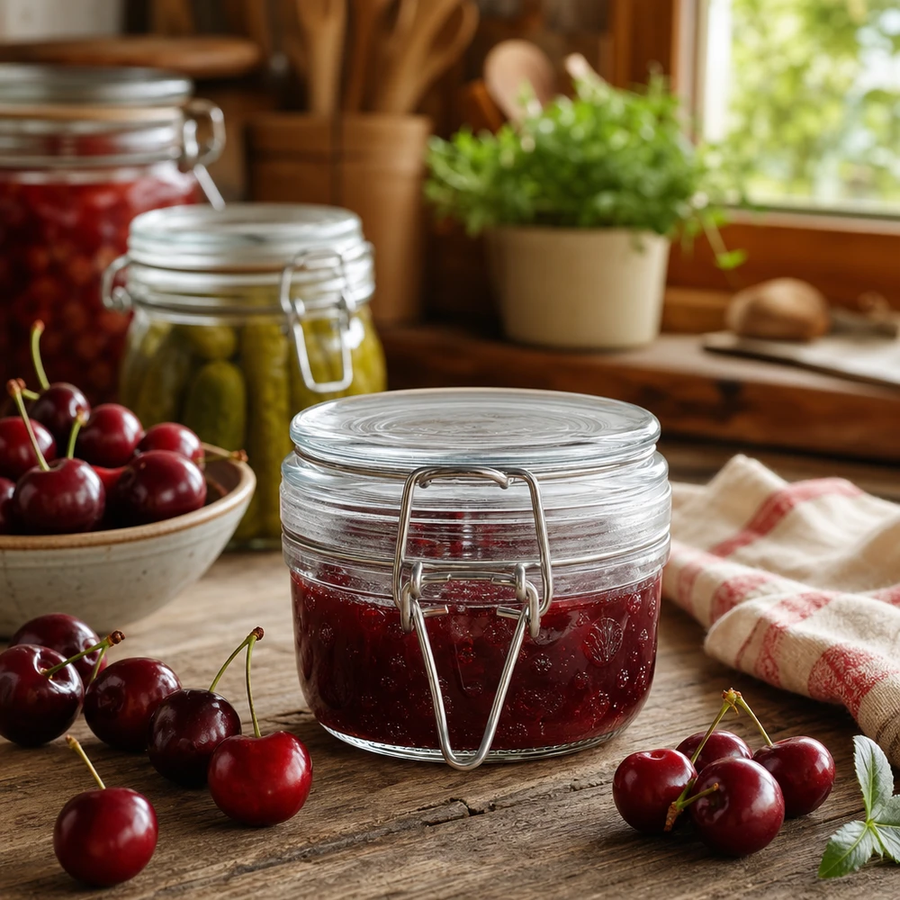 Barattolo rotondo da 200 ml con tappo girevole, perfetto per marmellate e confetture fatte in casa.