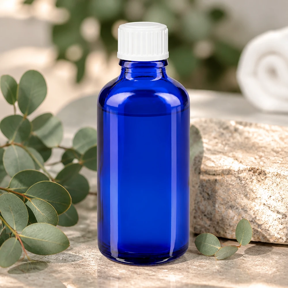 Apothekenflasche blau 50ml Schraubverschluss weiß Standard Lichtgeschützte blaue Glasflasche 50ml ideal für Aromatherapie und Kosmetikprodukte
