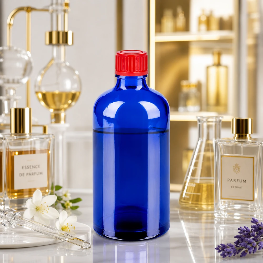 100ml Flasche 11mm Schraubverschluss rot Standard BlueLine UT18/100 Universelle 100ml Glasflasche STD BlueLine mit 11mm Gewinde für vielseitige Füllgüter