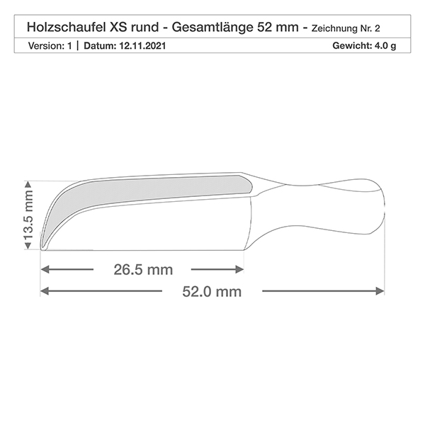 Pala di legno taglia XS a forma semicircolare lunga 5,2 cm Detailzeichnung der kompakten Holzschaufel XS mit 3,5mm Tiefe - ideal für Gewürzdosierung in der Küche