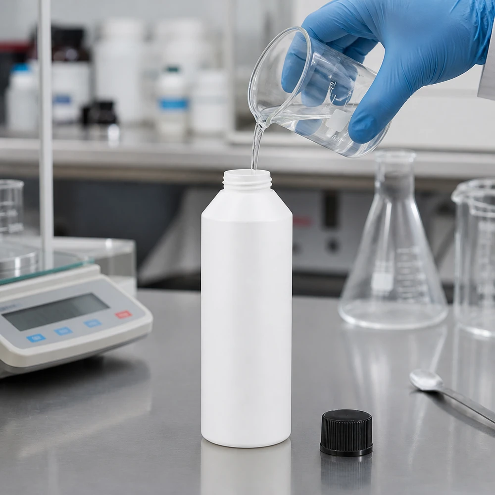 Bouteille ronde en PEHD de 250 ml, blanche, avec bouchon noir, adaptée au contact alimentaire, pour les applications de laboratoire