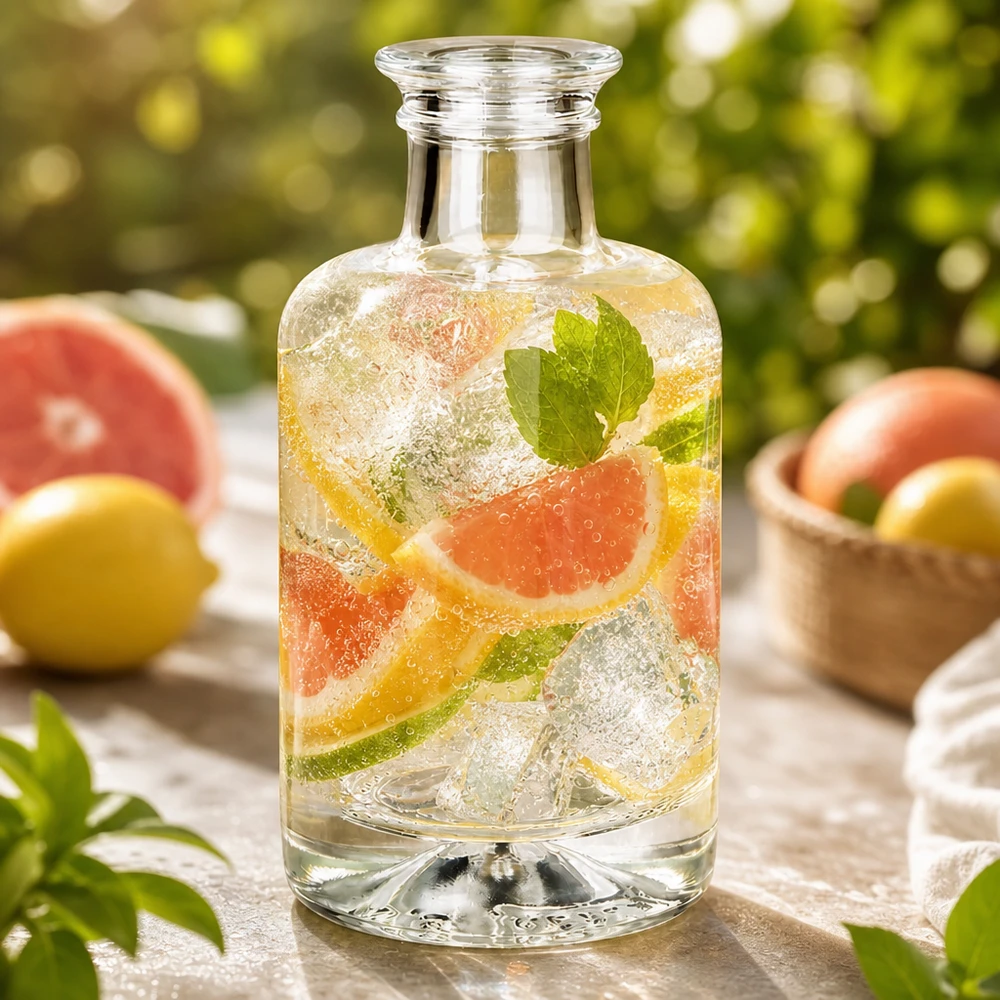 Bottiglia in vetro Sofia da 100 ml riempita con acqua infusa al pompelmo e menta e ghiaccio Ambiente esterno con agrumi