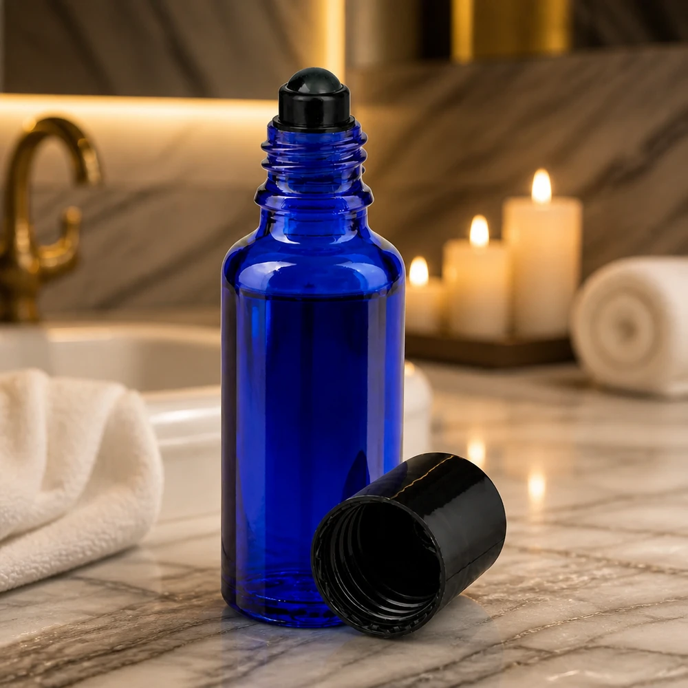 Apothekenflasche blau 30ml Roll-On Verschluss schwarz Kleine blaue Aromatherapie Rollflasche 30ml aus Apothekerglas mit Kugelverschluss
