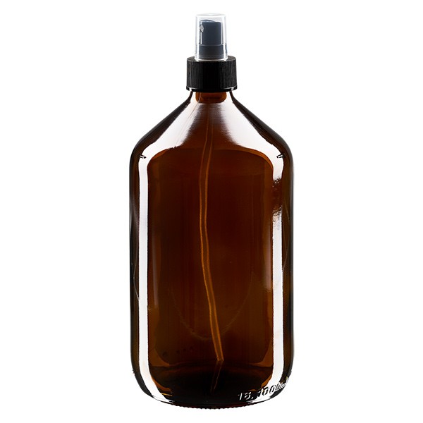 Flacone per medicinali da 1000 ml. marrone PP28 con nebulizzatore nero Flacone per medicinali da 1000 ml. marrone PP28 con nebulizzatore nero