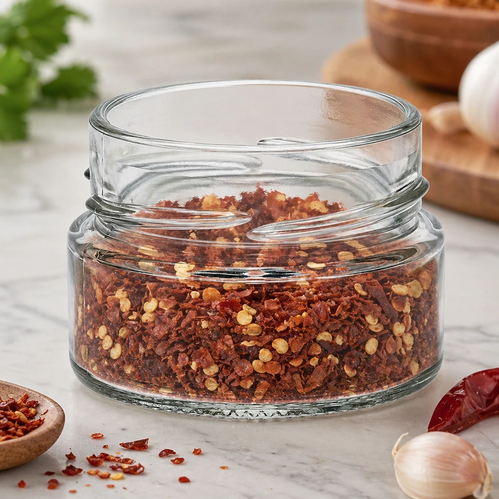 UNiTWIST Runda80 vaso rotondo 80ml TO58deep riempito di fiocchi di spezie rosse su piano di lavoro in marmo della cucina