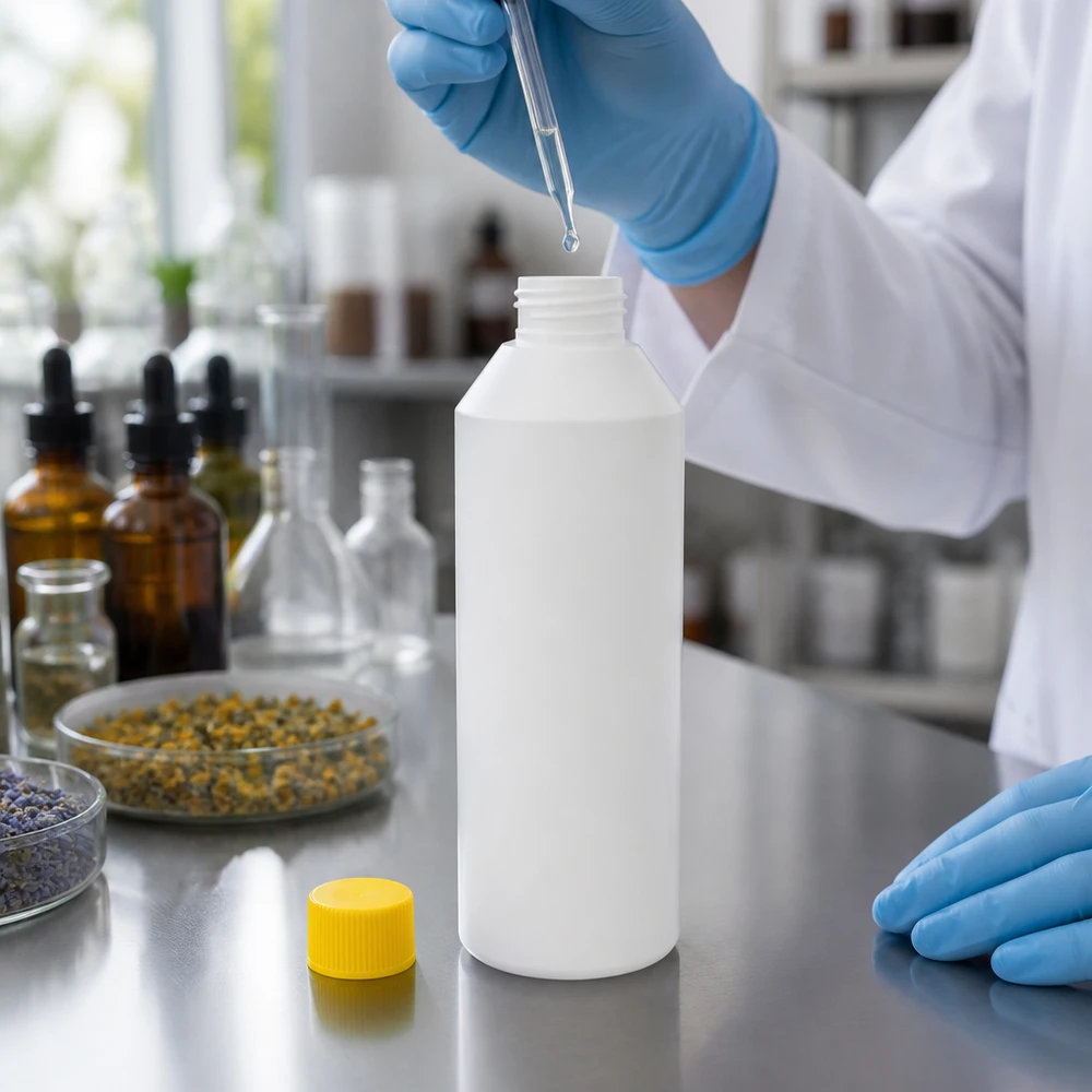 Flacon de pharmacie HDPE 250ml blanc avec bouchon vissable jaune Bouteille en PEHD de 250 ml, blanche, adaptée au contact alimentaire, destinée au conditionnement pharmaceutique