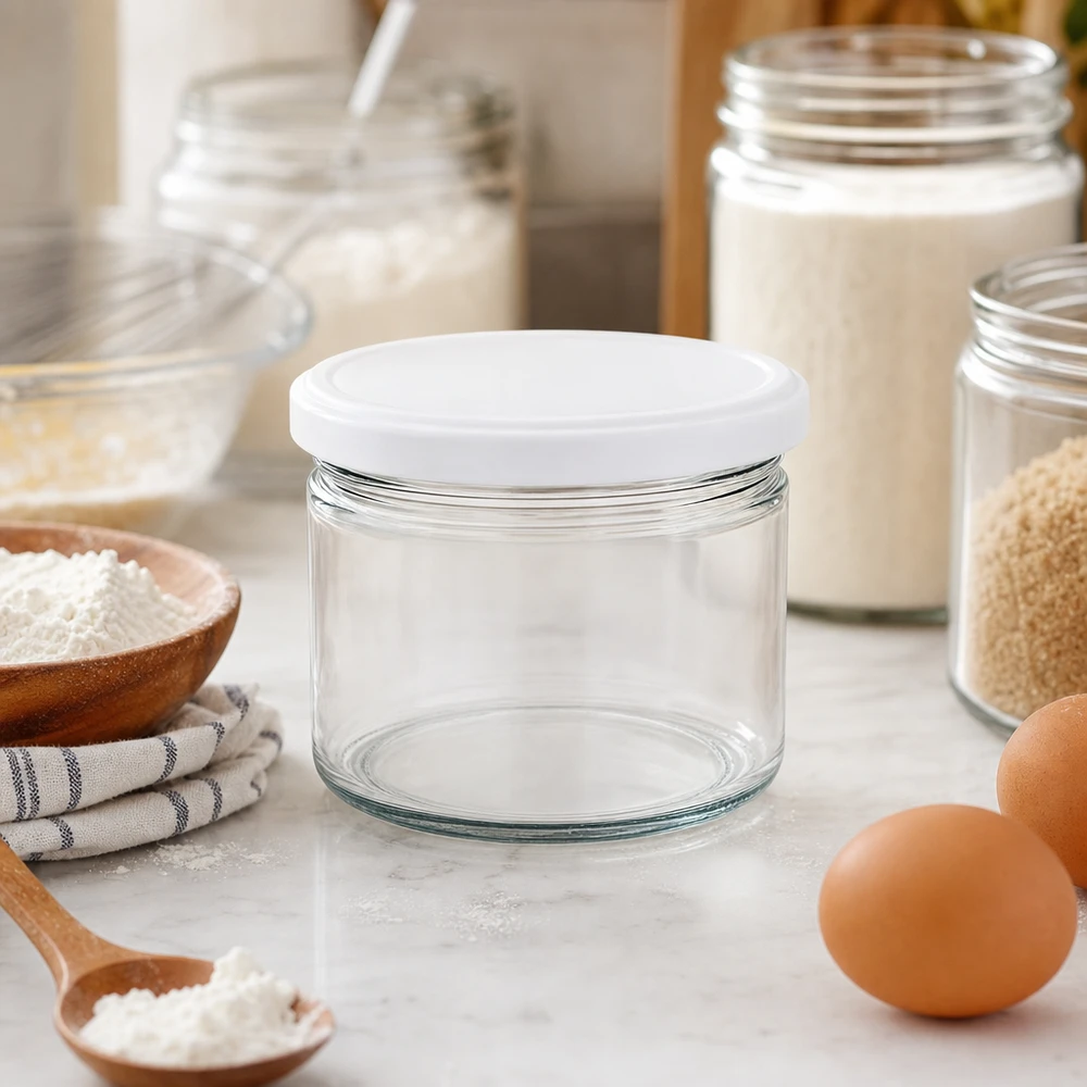 540ml Rundglas mit BasicSeal Deckel weiß UNiTWIST 540ml Rundglas BasicSeal weiß in stylischer Küche mit Backzutaten - elegantes Vorratsglas für Mehl und Backen