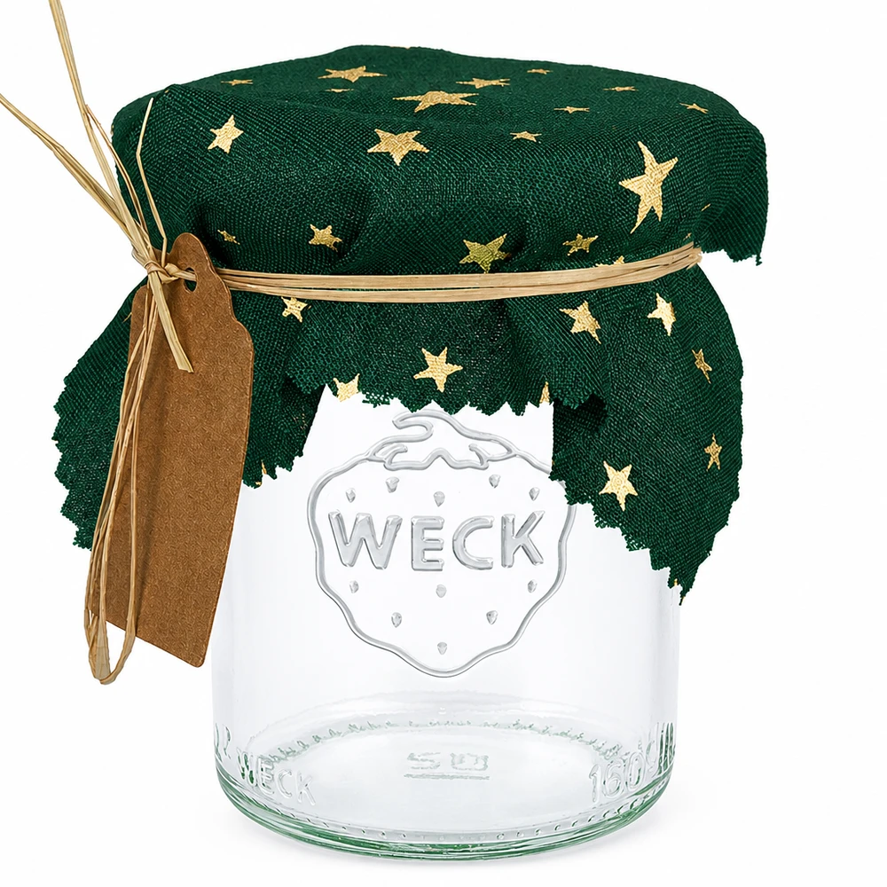 Centrino in tessuto verde con stelle dorate su vaso da conserva, quadrato 12 cm, centrino decorativo per vasi da conserva