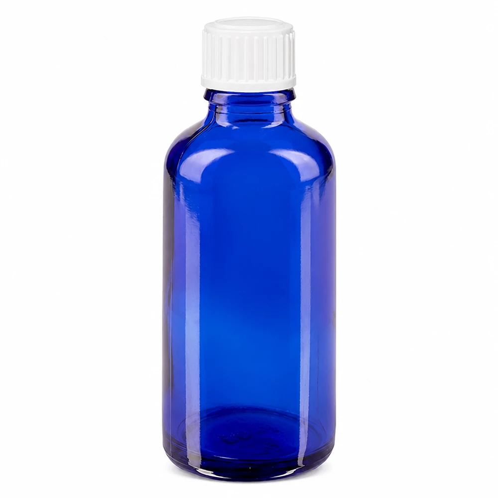 Apothekenflasche blau 50ml Tropfverschluss weiß 0.8mm Standard ApoGlas Tropfflasche 50ml blau mit präzisem 0,9mm Tropfer ideal für Tinkturen und Öle