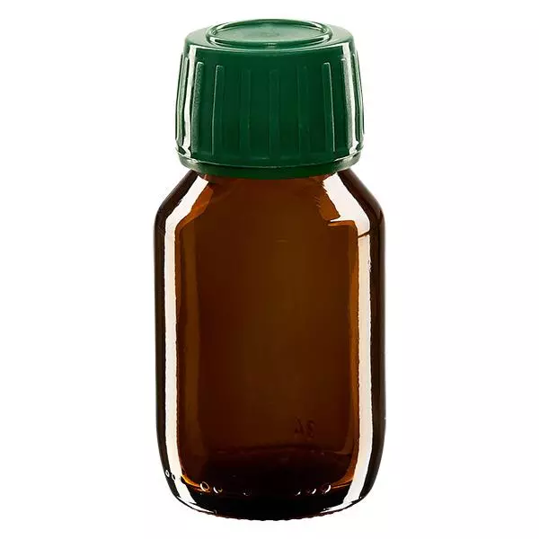 50ml Medizinflasche braun, Verschluss grün mit Originalitätsring ApoGlas