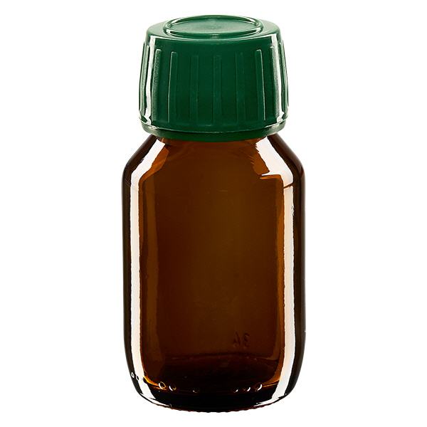 Flacone per medicinali da 50 ml marrone, tappo verde con chiusura antimanomissione Flacone per medicinali da 50 ml marrone, tappo verde con chiusura antimanomissione