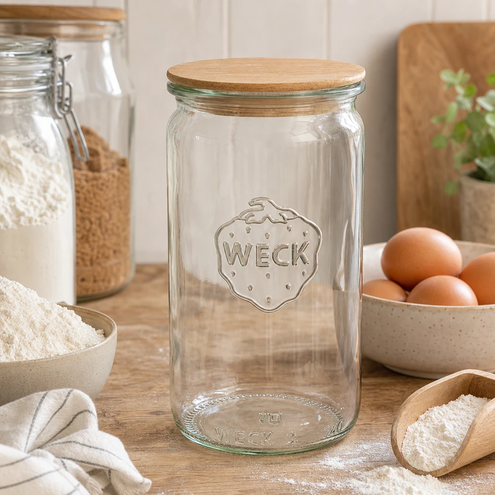 340ml Zylinderglas WECK RR60 mit Holzdeckel WECK Zylinderglas 340ml RR60 Holzdeckel in Küche mit Mehl Eiern und Vorratsgläsern als Backzubehör Aufbewahrung