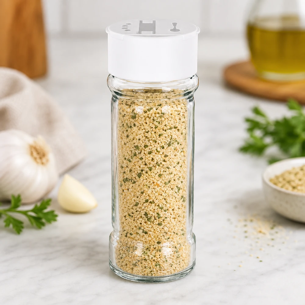 Pot à sel/épices 100 ml avec double saupoudreuse, blanc Gewürzstreuer 100ml aus klarem Glas mit weißem Deckel auf weißer Marmoroberfläche