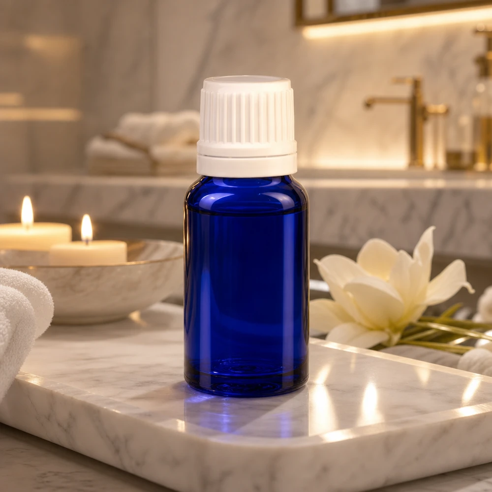 Apothekenflasche blau 10ml Tropfverschluss 1.2mm weiß Originalitätsverschluss Kobaltblaue Miniaturflasche aus Apothekerglas mit präzisem Tropfaufsatz in Wellnessumgebung