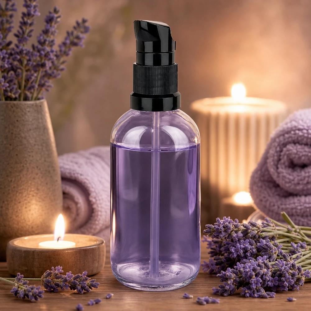 ClearLine UT18 Flacone dosatore da 100 ml con pompa nera e contenuto color lavanda - Atmosfera spa e benessere