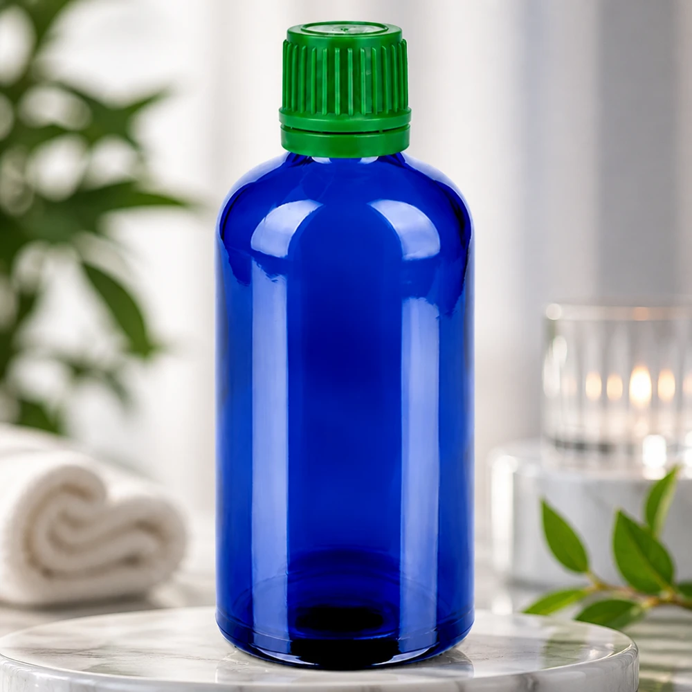 100ml Flasche 11mm Schraubverschluss grün Originalitätsverschluss BlueLine UT18/100 Stilvolle blaue Glasflasche 100ml mit mattgrünem Deckel perfekt für Küchenessenzen und Extrakte