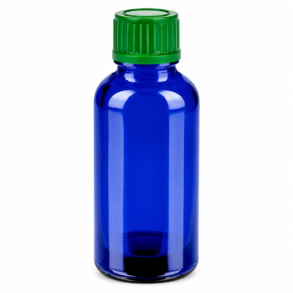 Flacon de 30ml 11mm SV vert STD BlueLine UT18/30 Flacon compact bleu de 30 ml avec bouchon à vis vert, idéal pour les voyages et les déplacements