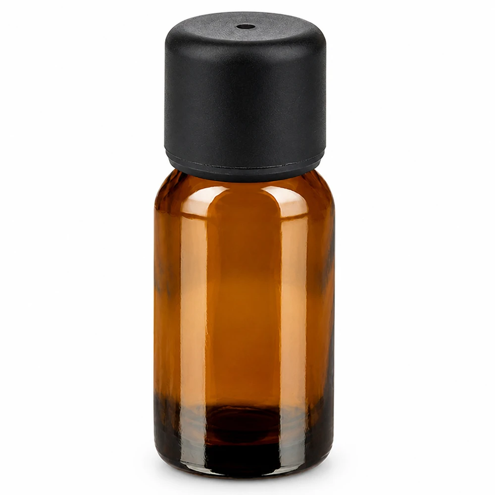 Flacone in vetro ambrato da 10 ml con tappo nero per oli essenziali e cosmetici