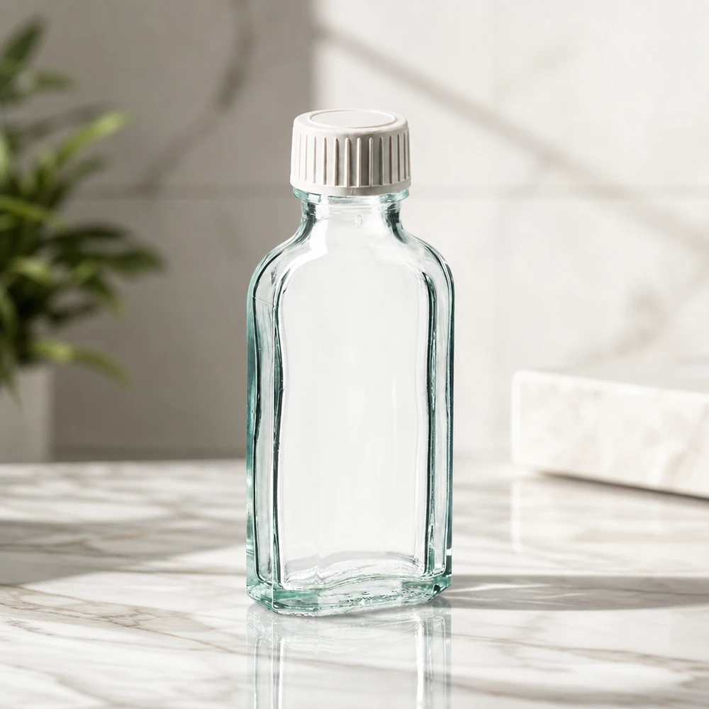Tappo a vite trasparente Meplat da 50 ml con inserto in schiuma PE Flacone Meplat trasparente vuoto da 50 ml con inserto in schiuma di PE su superficie in marmo