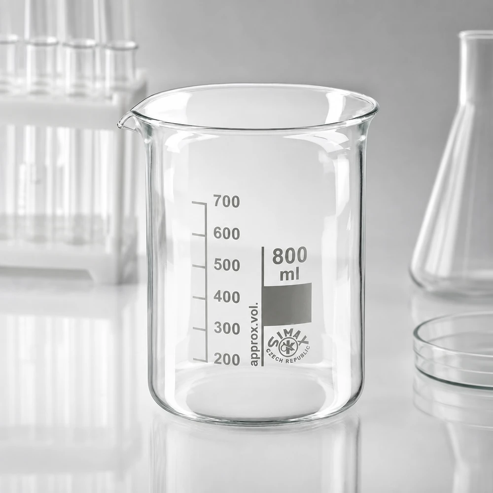 Bicchiere 800ml in vetro borosilicato, forma bassa Bicchiere in vetro borosilicato trasparente da 800 ml con scala millimetrica chiara per misurazioni accurate