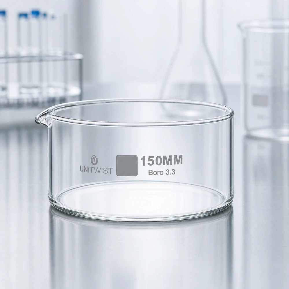 Cristallisoir ø150mm verre borosilicaté UNiTWIST Coupelle de cristallisation 150 mm UNiTWIST Boro 3.3, verre borosilicaté transparent, résistant à la chaleur et aux produits chimiques