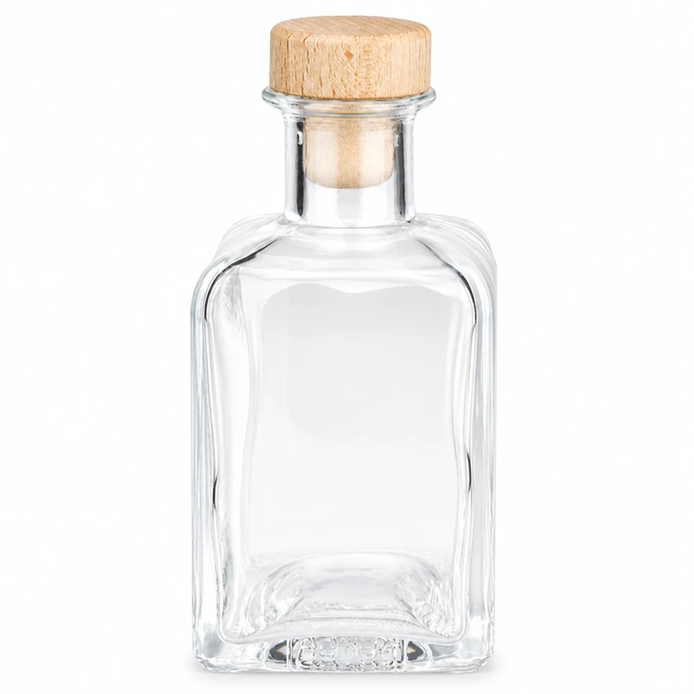 Flacone farmaceutico da 200 ml Clara con tappo in sughero con impugnatura in legno UNiTWIST® Bottiglia di vetro Clara da 200 ml con tappo di legno vuoto trasparente rettangolare tappo di sughero bottiglia decorativa