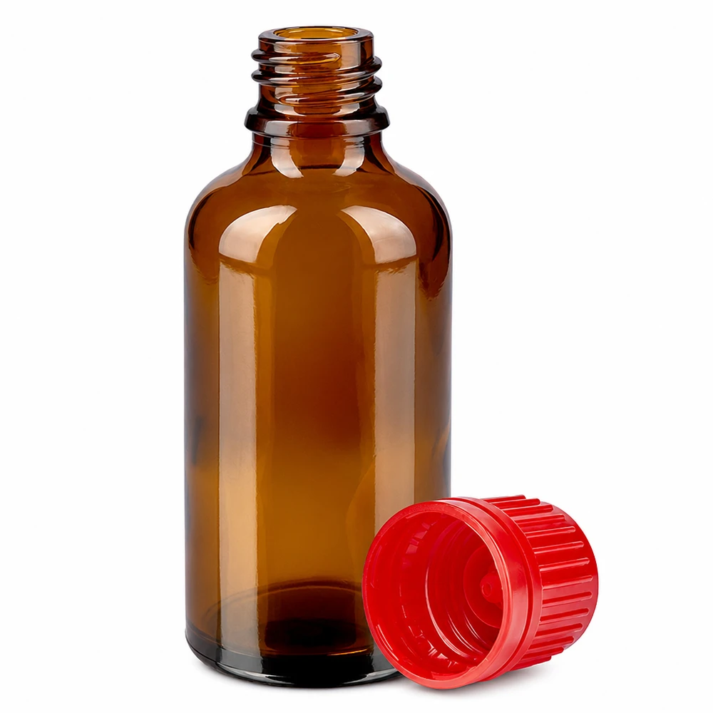 50ml Flasche 11mm Schraubverschluss rot Originalitätsverschluss BrownLine UT18/50 Kompakte 50ml Braunflasche mit rotem Sicherheitsverschluss für Labor und Kosmetik
