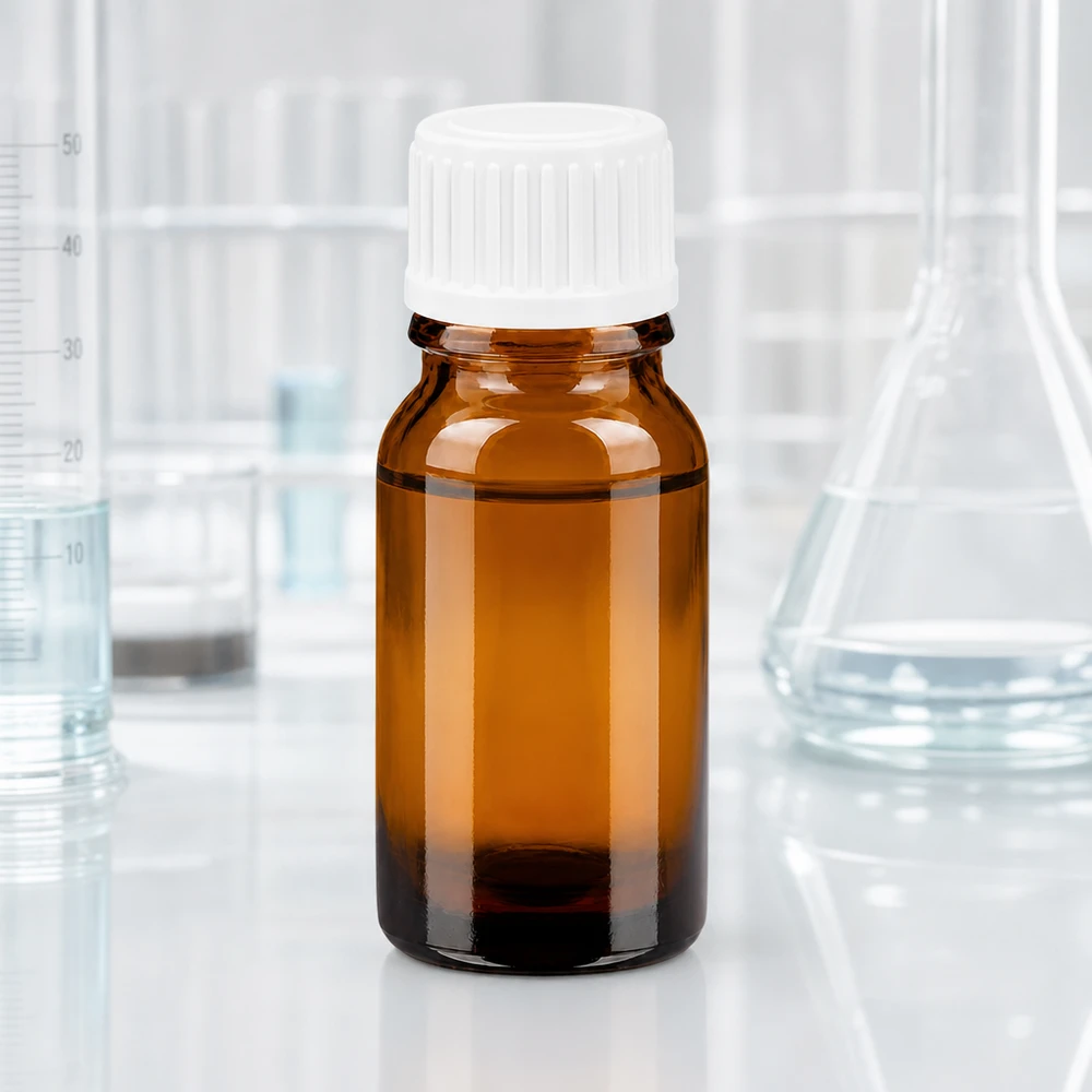 Flacone contagocce da 10 ml in vetro ambrato, protetto dalla luce, ideale per le sostanze sensibili alla luce.