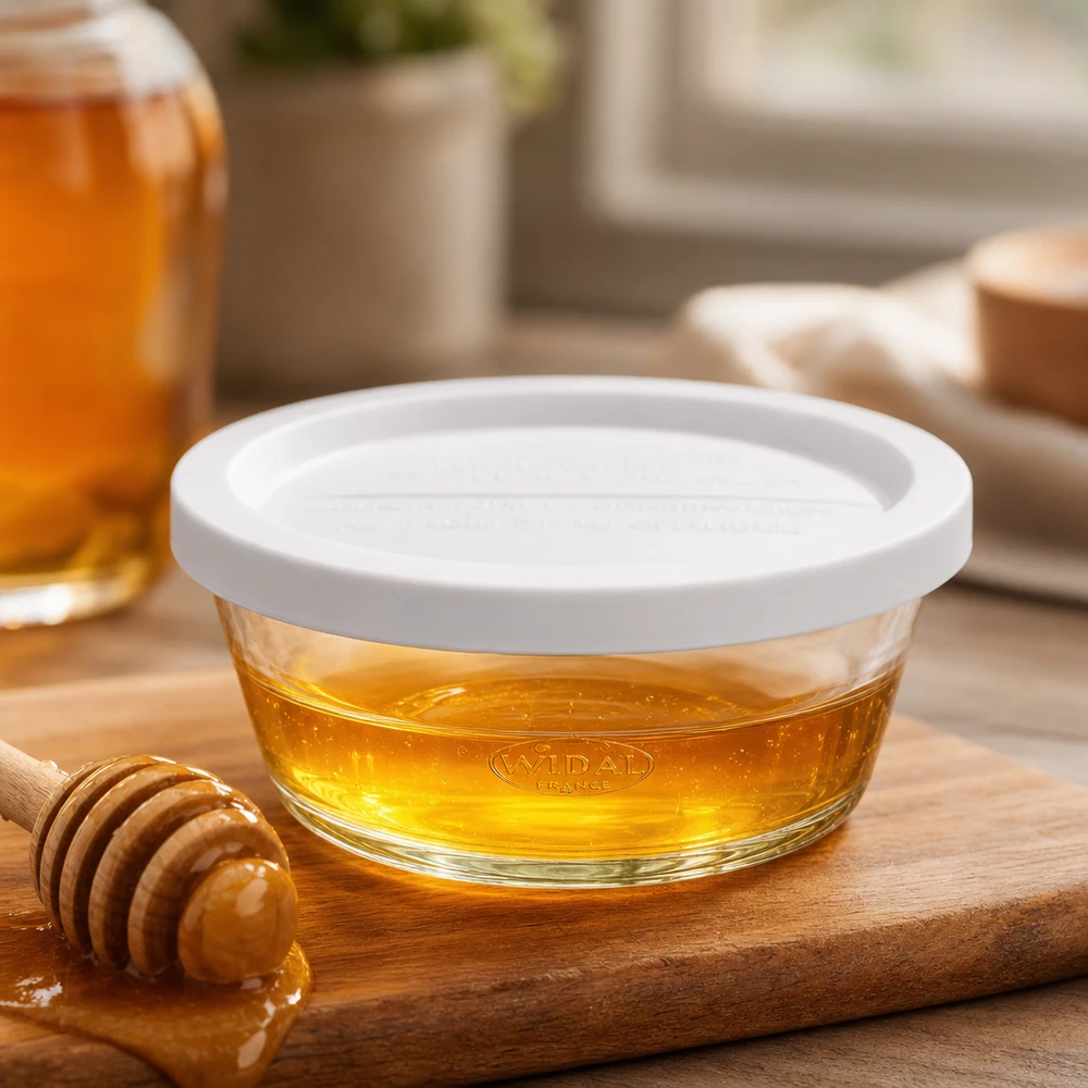 Barattolo gourmet da 300ml con friscia. WECK RR120 WECK RR120 vaso gourmet da 300 ml riempito di miele su una tavola di legno con cucchiaio da miele come esempio di utilizzo
