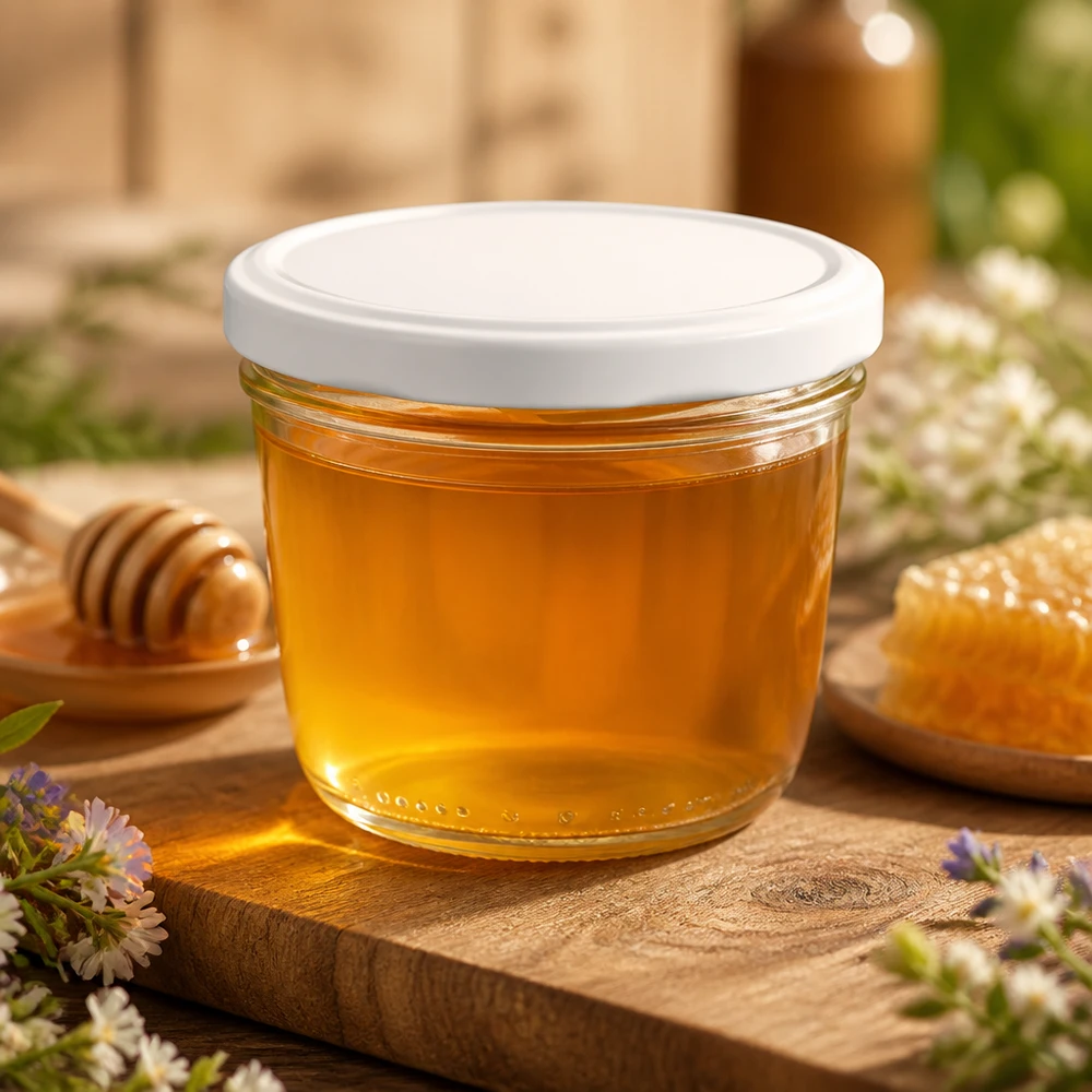 230ml Sturzglas mit BasicSeal Deckel weiß UNiTWIST 230ml Sturzglas mit Honig befüllt auf Holzbrett - perfekt für Imkerei und natürliche Lebensmittel Aufbewahrung