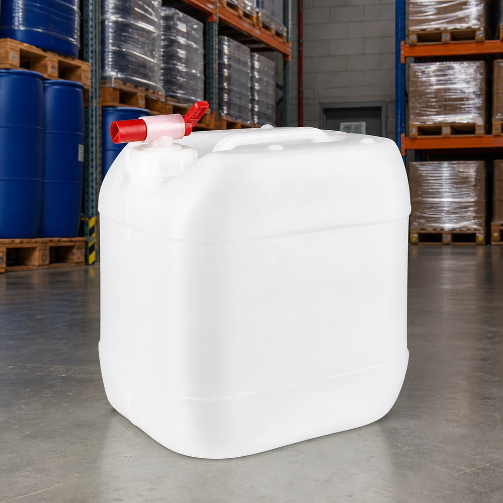 Jerrican de 15 litres avec robinet Bidon en plastique de 15 litres adapté au contact alimentaire, muni d'un robinet, dans un entrepôt blanc