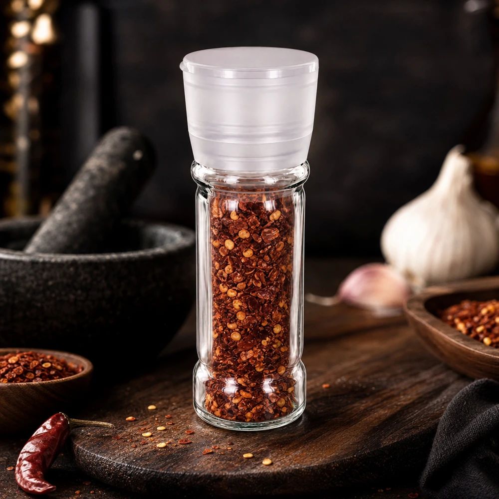 Pot à sel/épices 100 ml avec moulin Vario blanc Nachfüllbares 100ml Gewürzglas mit weißer Vario Mühle als praktisches Küchenzubehör für Chili