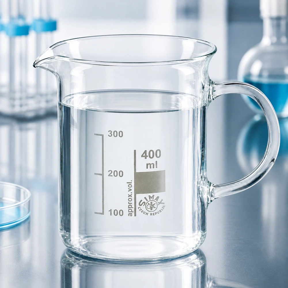 Bicchiere 400ml in vetro borosilicato, con manico Becher da laboratorio trasparente da 400 ml con manico e beccuccio, realizzato in vetro borosilicato resistente alle alte temperature