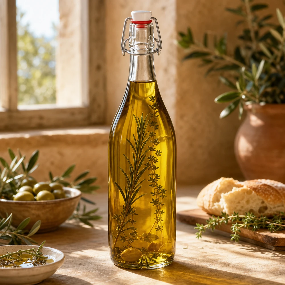 Bottiglia di vetro da 1000 ml + tappo girevole in PVC UNiTWIST Bottiglia di vetro da 1000 ml con tappo oscillante riempita di olio d'oliva ed erbe aromatiche Cucina mediterranea Applicazione lifestyle