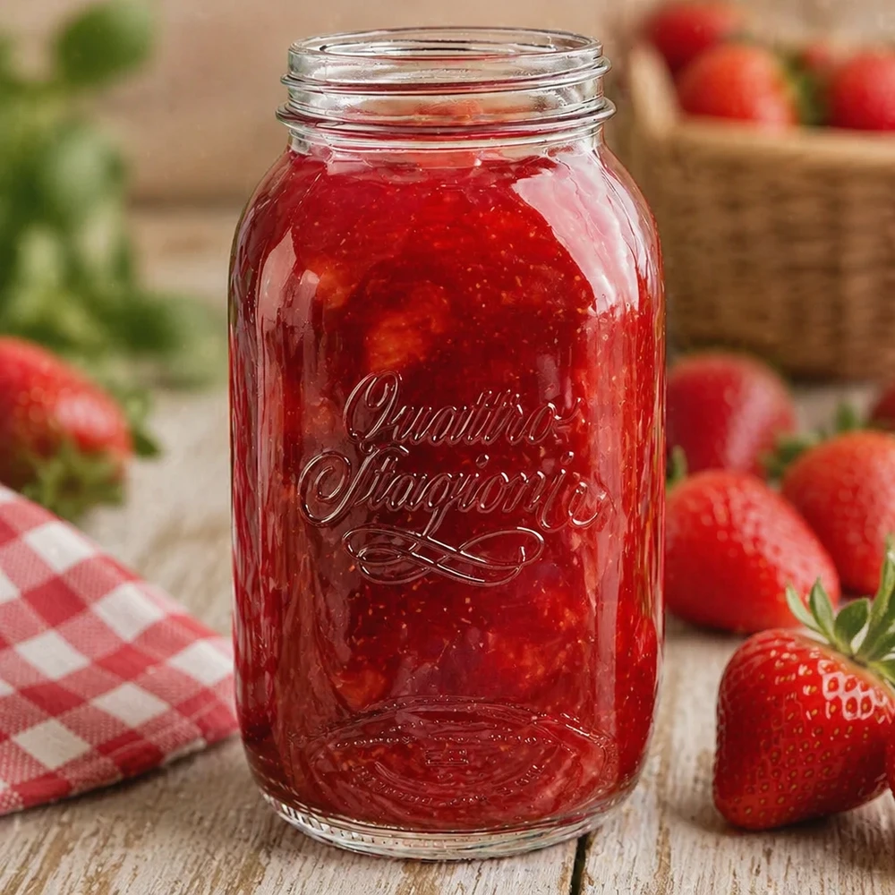 Vasetto casalingo Quattro Stagioni da 1500 ml pieno di marmellata di fragole circondato da fragole fresche su un tavolo di legno