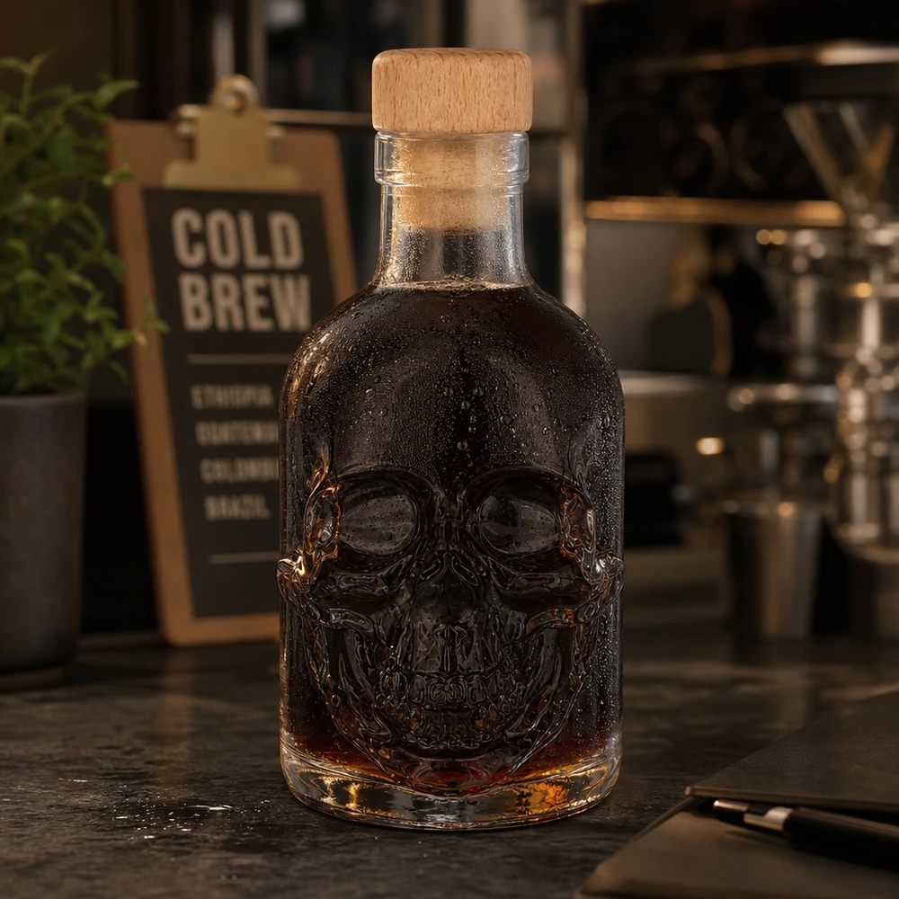 Bottiglia in vetro da 200 ml Jack con tappo in sughero con impugnatura in legno UNiTWIST® Bottiglia di vetro con teschio di Jack 200ml con spirito scuro in un'atmosfera da caffè, insegna cold brew sullo sfondo