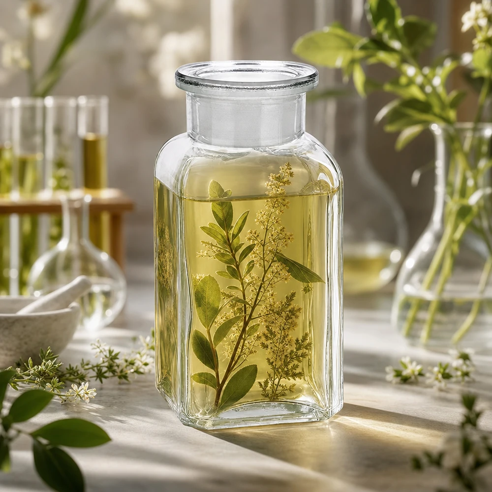 Bottiglia quadrata da 100 ml in vetro trasparente a collo largo con tappo in vetro NS Flacone quadrato trasparente da 100 ml con estratto di erbe e fiori bianchi in ambiente di laboratorio