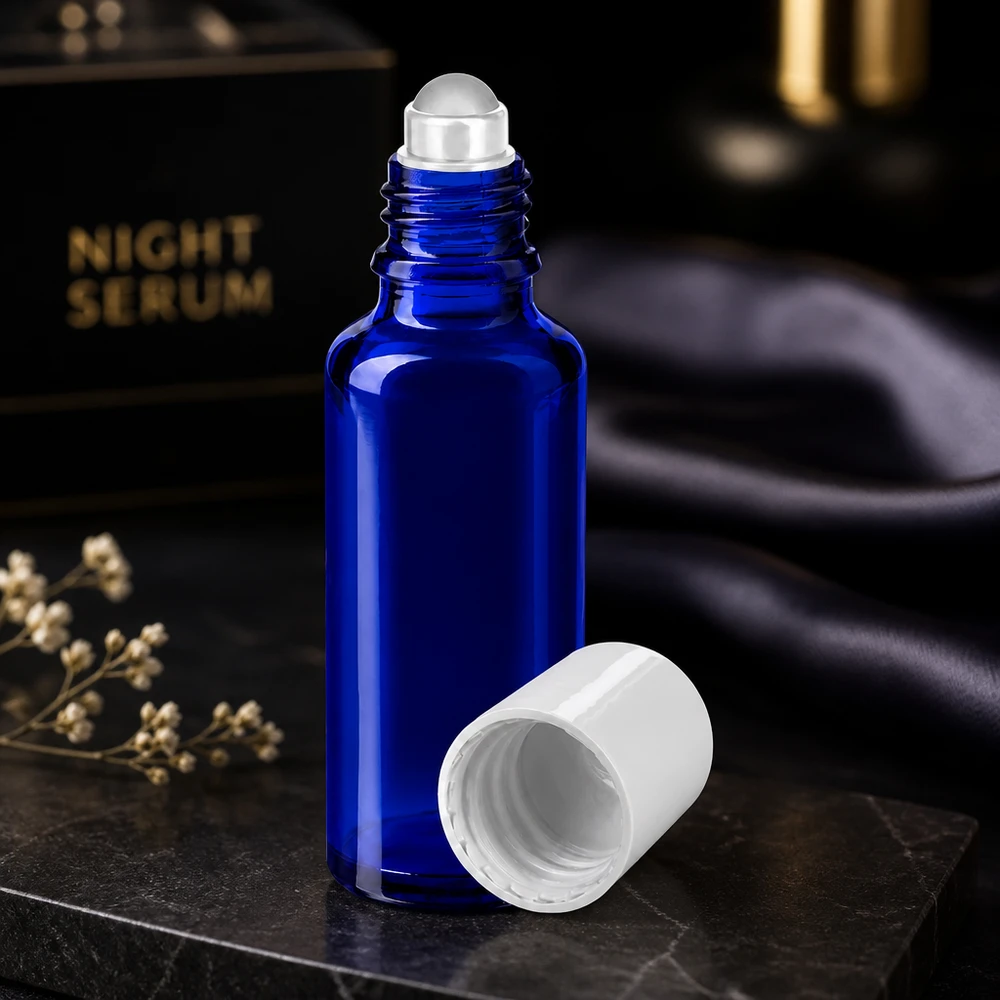 Schlanke blaue 30ml Glasrollflasche mit transparenter Rollkugel für Kosmetikanwendungen